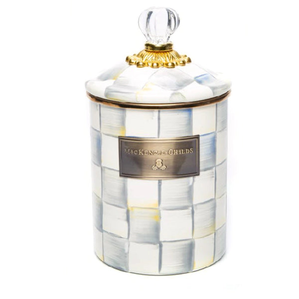 MacKenzie Childs Sterling Check Enamel Canister Medium Lagoon Linens